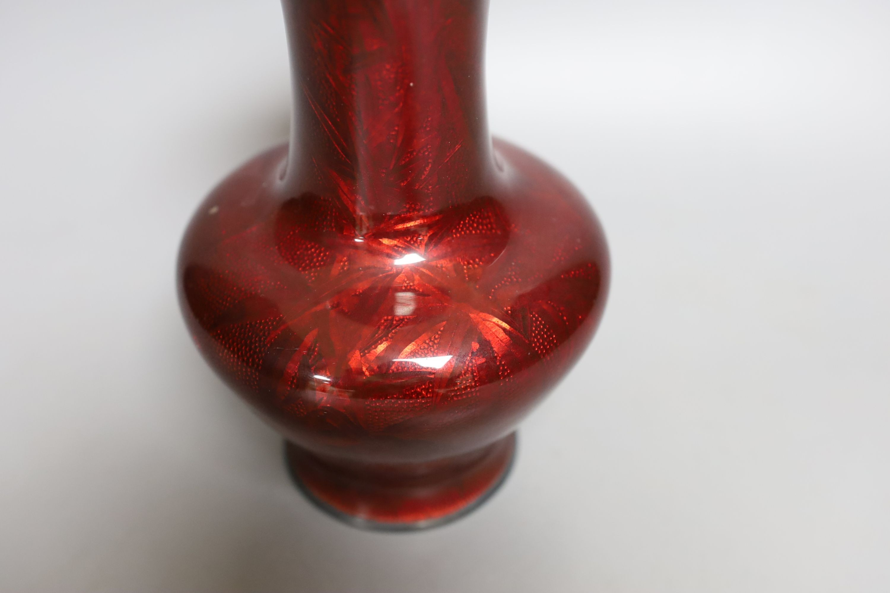 A Japanese red Ginbari enamel vase, by Ando, Taisho period, marked to base - 19cm tall, probably silver rimmed